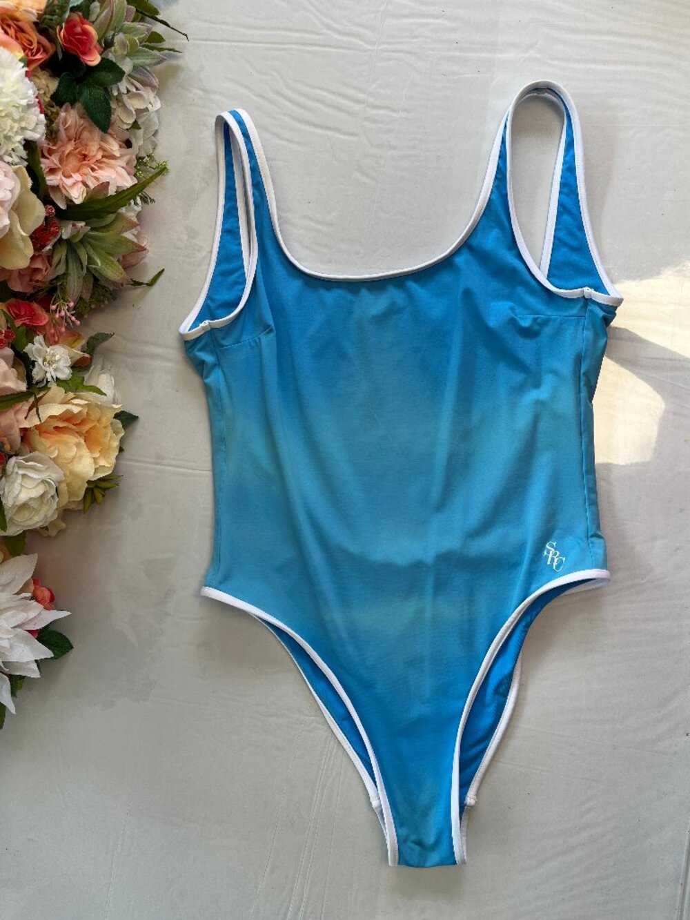 Sporty & Rich One Piece Swimsuit Scoop Back Blue White Trim S - Picture 9 of 12